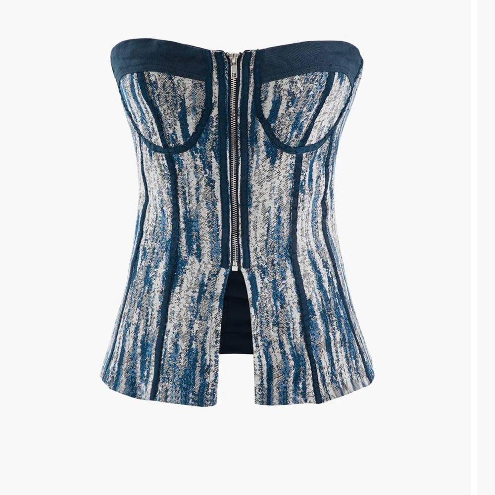 NWT Micas Blue Strapless Bustier. Front zip closure. Size S
